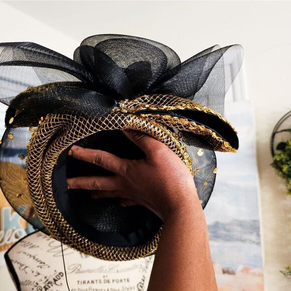 VTG Deborah New York Black & Gold Embellished Mesh Glamour Hat. main image 10